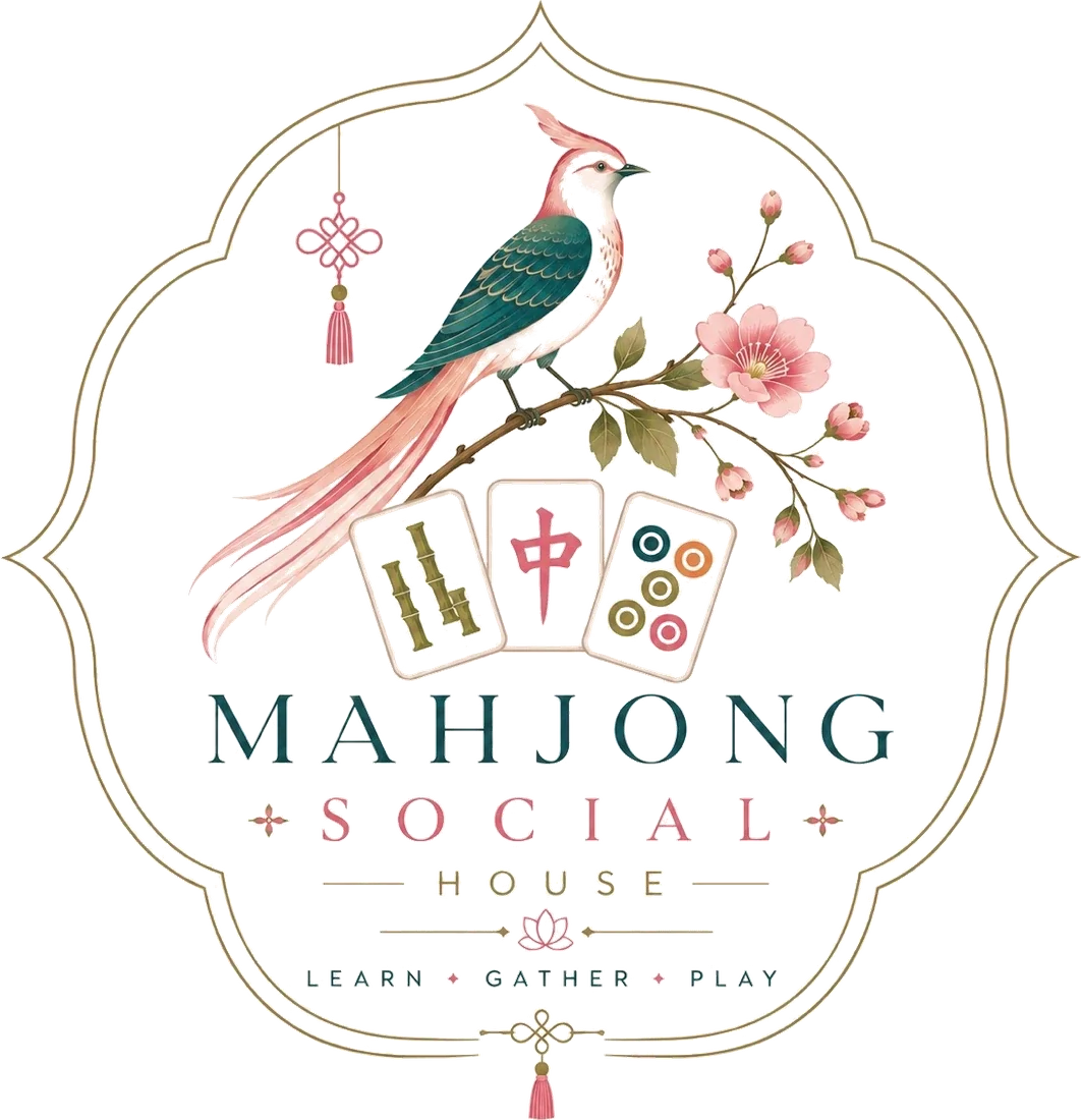 Mahjong Social House crest — a peacock perched on a cherry-blossom branch above three mahjong tiles