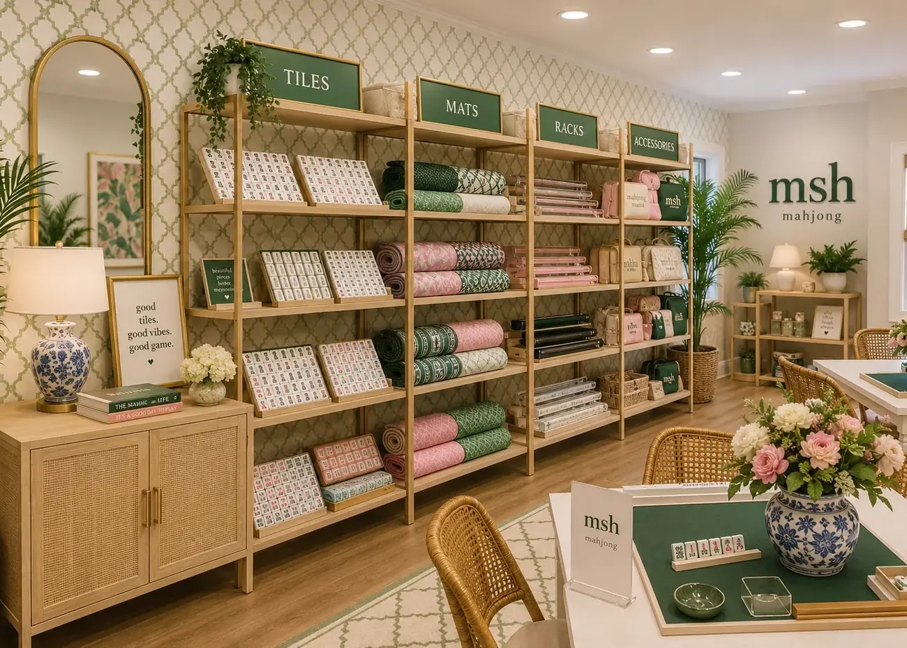 The Mahjong Social House boutique shelves stocked with tiles, mats and accessories